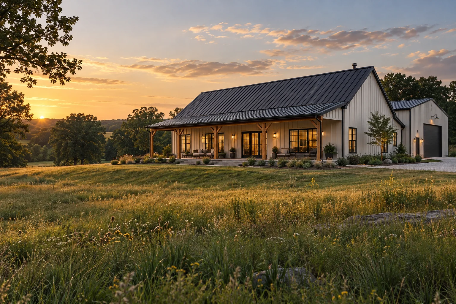 Illustrative barndominium concept with a covered porch and attached workshop on rural acreage